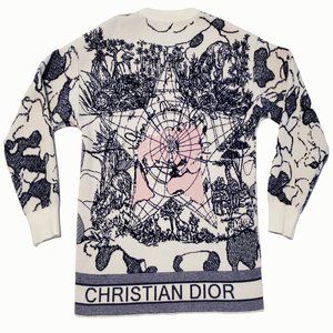 Christian Dior Around the World Cashmere Wool Sweater, Womens M, Ivory and Blue